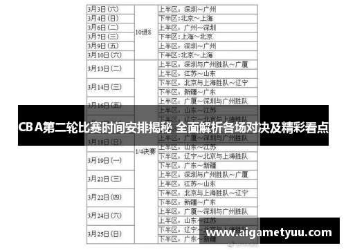 CBA第二轮比赛时间安排揭秘 全面解析各场对决及精彩看点